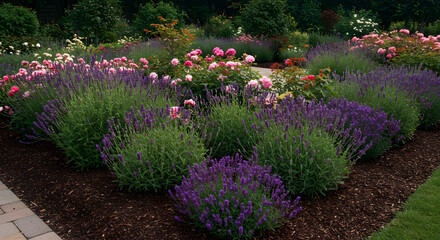 Vibrant garden bed featuring lush green foliage interspersed with blooming purple lavender and soft pink roses
