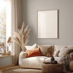 Bright boho-inspired home interior with blank wall frame mockup, beige and gray minimal furniture, natural daylight and shadow play, perfect for poster design, wall art, or home decor mockup scenes