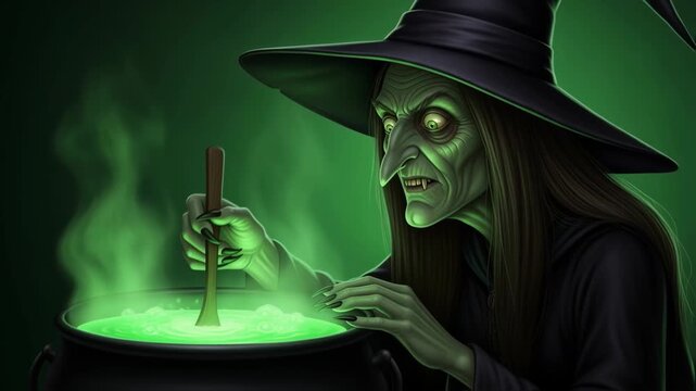 Sinister witch is stirring a cauldron filled with glowing green liquid, surrounded by mist and shadows, creating an atmosphere of Halloween enchantment and intrigue