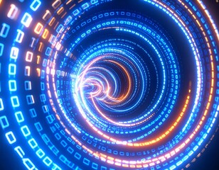 A dynamic, swirling tunnel of binary code glows with vibrant blue and orange lights, creating a captivating digital aesthetic.