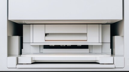 A white printer or copier machine with its paper tray partially open,