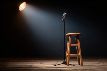 A wooden stool and microphone under a spotlight on a stage. The lighting creates a dramatic ambiance on a dark background