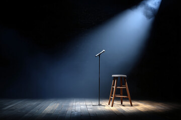 A microphone and stool stand illuminated on stage under a dramatic spotlight. The atmosphere is filled with anticipation.