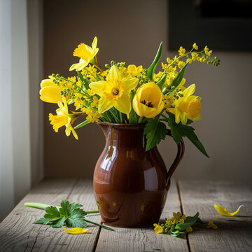 Bright Yellow Spring Flowers in Rustic Vase