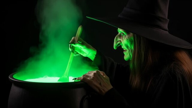 Sinister witch is stirring a cauldron filled with glowing green liquid, surrounded by mist and shadows, creating an atmosphere of Halloween enchantment and intrigue