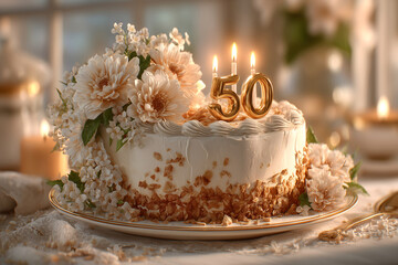 Elegant 50th Birthday Cake with Golden Topper and Floral Decor
