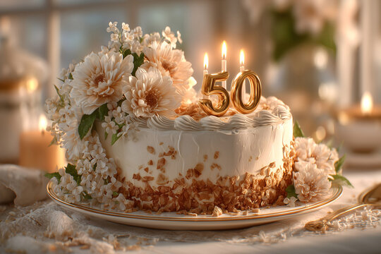 Elegant 50th Birthday Cake with Golden Topper and Floral Decor - Powered by Adobe