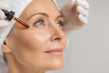 Woman getting professional facial treatment, dermatologist applying serum dropper, clean white background, bright spa clinic environment, healthy skincare and beauty rejuvenation concept