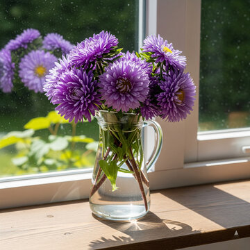 Purple Asters in Vase by Window Light