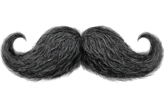 A detailed illustration of a thick, dark gray handlebar mustache.  Curved ends and textured, fuzzy hair-like structure.  Dark background isolates the mustache - Powered by Adobe