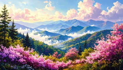 Mountain vista with vibrant spring flowers and clouds.  A picturesque landscape of lush, colorful mountains, blanketed in a soft haze of clouds.  