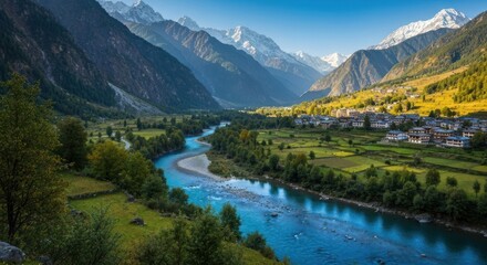 Fototapeta premium Serene mountain valley with a winding river and village nestled amongst peaks. Lush foliage and fields border the river, with snow-capped mountains in the backdrop