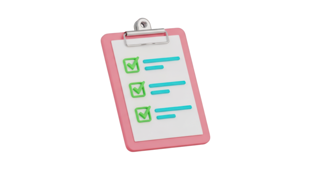 3D pink clipboard with checklist and green checkmarks to-do list task list isolated on a transparent background