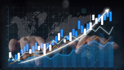 Close-up of hands typing on a laptop surrounded by graphs and charts showcasing growth and financial metrics against a world map, representing business success and analytics. Copula