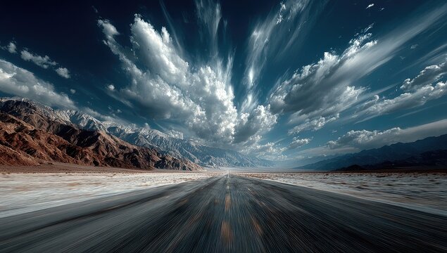 A desert highway stretches into a vibrant sky filled with dramatic clouds, with mountains in the background