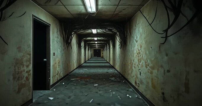 Dollying camera forward and tilting upward through corridor past metal door exposing tangled cables
