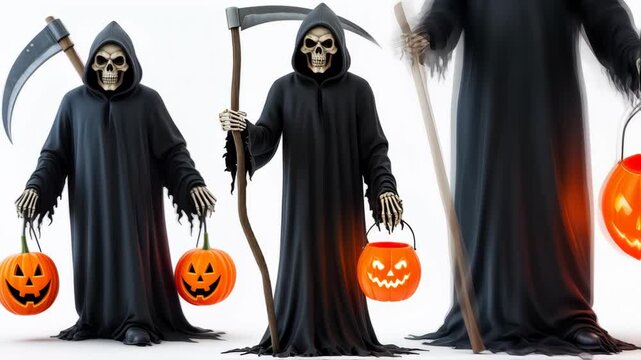 Grim reaper character in dark cloak holding a carved pumpkin lantern, standing against a plain background, embodying Halloween spirit and festive atmosphere