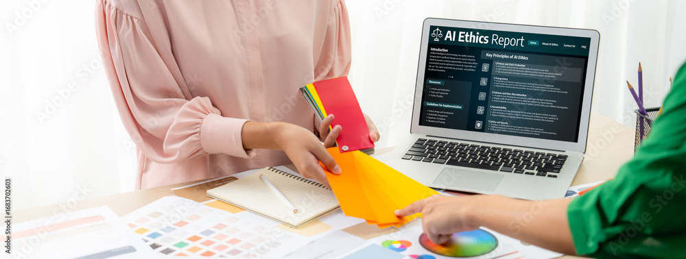 Aufkleber ai ethics responsibility standard law and rules on computer screen provide report of ai ethic transp