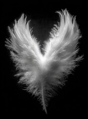 Pair of white feathers forming a heart shape,  against a black background