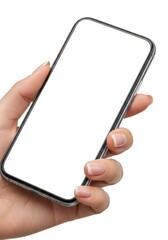Close-up view of a woman's manicured hand holding a contemporary mobile device with a blank white screen, isolated on a pure white background