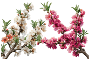 Close-up of blossoming peach tree branches with white, pale peach, and pink flowers