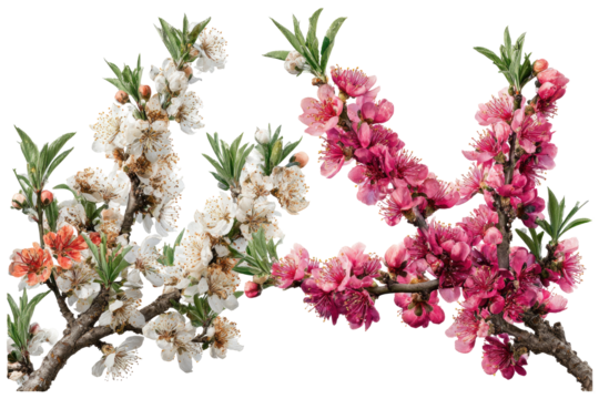 Close-up of blossoming peach tree branches with white, pale peach, and pink flowers