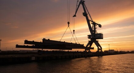 Obraz premium Silhouette of a crane lifting metal beams at sunset over a harbor