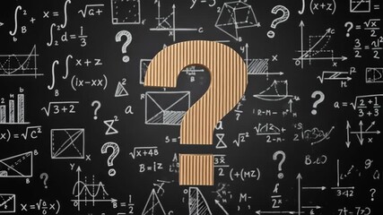 Hands holding a large corrugated question mark symbol against a blackboard filled with mathematical equations and diagrams, representing curiosity and inquiry in education and problem-solving - Powered by Adobe