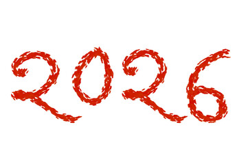 Artistic rendering of the year 2026 in vibrant red against a stark creating a visually striking and modern design element on transparent background