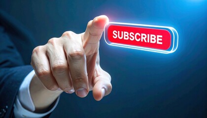 Suited hand pointing at glowing red “SUBSCRIBE” button, digital call-to-action, tech-savvy visual.