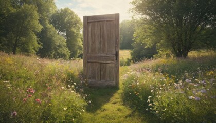 Wooden Door Opens to a Sunlit Wildflower Meadow