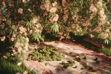 Fototapeta premium Cannabis buds on blanket under marijuana plants with cherry blossoms