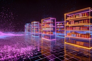 A digital art rendering of an AI grid in the background, representing data collection and analysis for retail system management with neon lights.