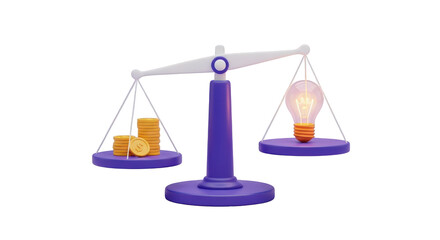 Balance Scales Comparing Money Stack With Glowing Light Bulb On Black weighing coins isolated on a transparent background