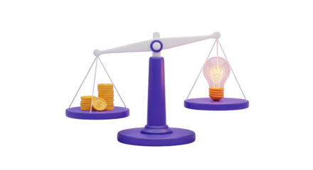 Balance Scales Comparing Money Stack With Glowing Light Bulb On Black weighing coins isolated on a transparent background