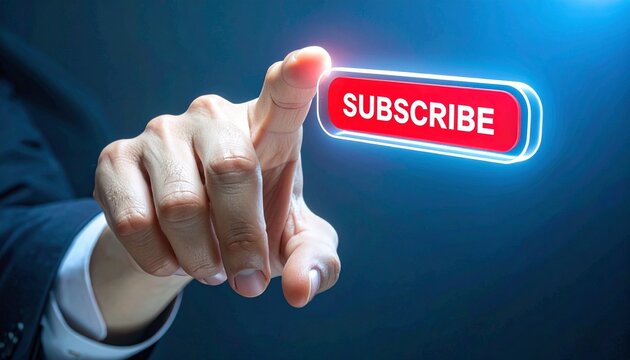 Suited hand pointing at glowing red “SUBSCRIBE” button, digital call-to-action, tech-savvy visual. - Powered by Adobe