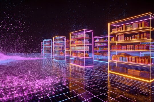 A digital art rendering of an AI grid in the background, representing data collection and analysis for retail system management with neon lights.