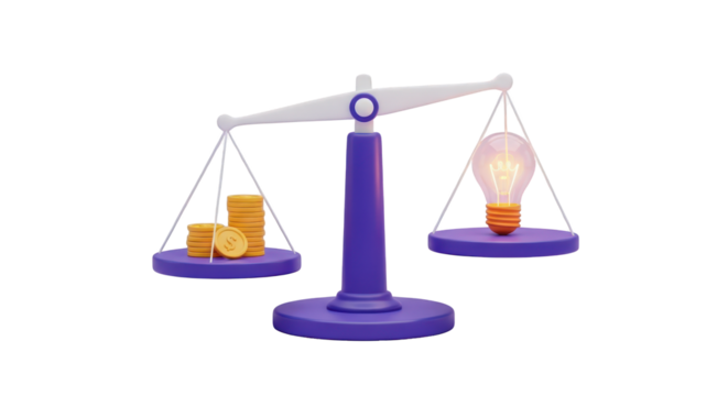 Balance Scales Comparing Money Stack With Glowing Light Bulb On Black weighing coins isolated on a transparent background - Powered by Adobe