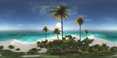 Tropical island with a palm tree at sunset. HDRI, environment map , Round panorama, spherical panorama, equidistant projection, panorama 360, seascape, 3d rendering.