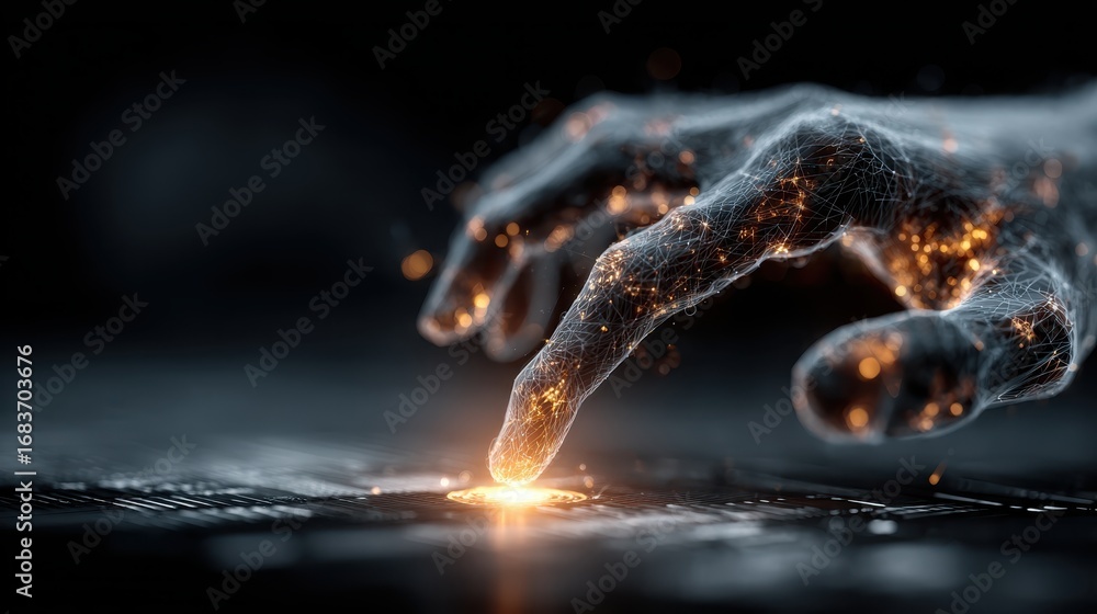 Wall mural glowing neural network hand shape interacting with virtual surface