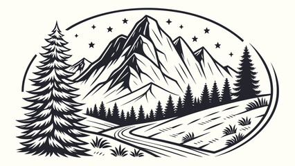 Vintage style mountain landscape with river flow