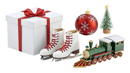 3 D Render Six Christmas Items White Gift Box Red Ribbon White Ice Skates Red Laces Red Ornament Snowflakes Green Toy Train Miniature... isolated on a transparent background