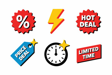 Hot deal and discount icons with sale design, limited time and price tag illustration, lightning and percentage graphics, shopping promotion vector set