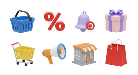 Blue Shopping Basket Percentage Sign Bell Gift Box Cart Megaphone Store Red Bag shopping cart isolated on a transparent background