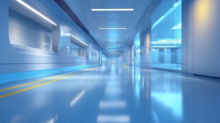 Fototapeta premium A futuristic sleek corridor with bright sky blue lighting, polished reflective floors,