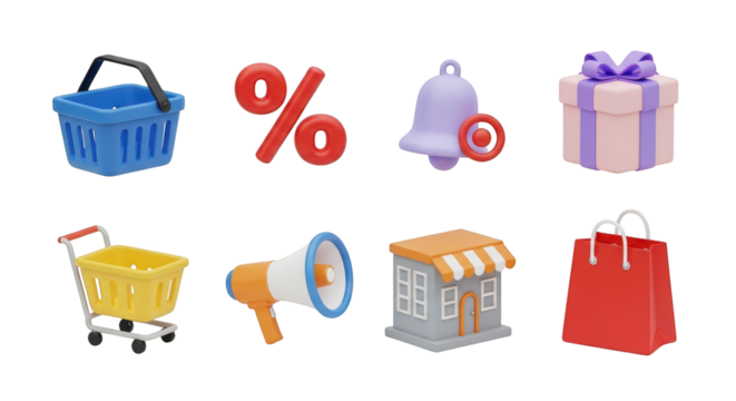 Blue Shopping Basket Percentage Sign Bell Gift Box Cart Megaphone Store Red Bag shopping cart isolated on a transparent background - Powered by Adobe