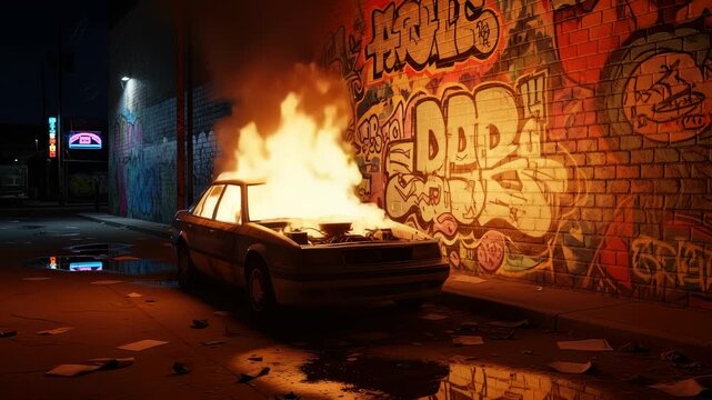 Burning wreckage: Car engulfed in flames against vibrant urban graffiti, cinematic street setting