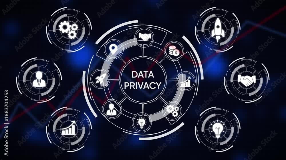 Aufkleber data privacy concept with circular diagram and business icons on dark background digital technology