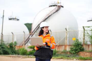 Environmental engineer or ecological scientist industrial worker in safety uniform working for...