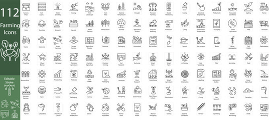 Agriculture Icon Set – Farming, Cultivation, Organic Food, Tractor, Greenhouse, Research, Soil, Irrigation, Harvest, Seeds, Smart Farming, Sustainability, Farm Tools, Bio Fertilizer, Crop Growth